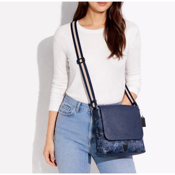 Coach Charles Messenger Bag Floral Print Navy Pebble Leather Crossbody F59301